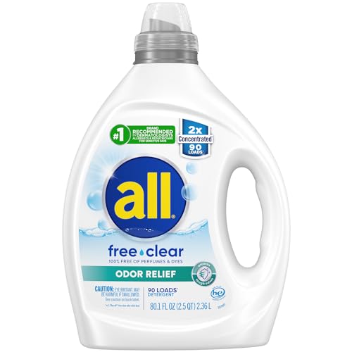 all Laundry Detergent Liquid, Free Clear for Sensitive Skin, Odor Relief, Unscented and Hypoallergenic, 2X Concentrated, 90 Loads