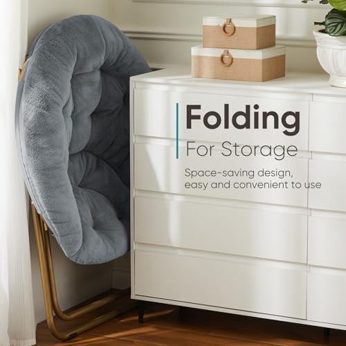 DUMOS Comfy Saucer Chairs Cozy Faux Fur Soft Lounge Cute Folding Bedroom Living Room Seat Flexible Reading Foldable Seating for Kids Adults Thick Padded Metal Frame Modern for Home Office Classic Gray