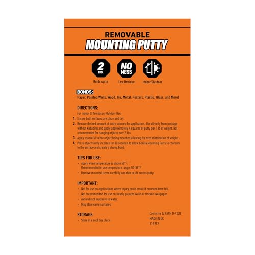 Gorilla Mounting Putty, Natural Tan Color, 84 Pre-Cut Squares (Pack of 3) - Non-Toxic Removable & Repositionable Wall Putty