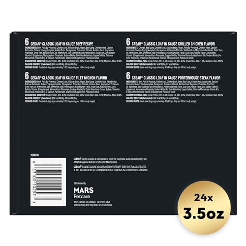 Cesar Wet Dog Food Classic Loaf in Sauce Beef Recipe, Filet Mignon, Grilled Chicken and Porterhouse Steak Variety Pack, 3.5 oz. Easy Peel Trays (24 Count, Pack of 1)
