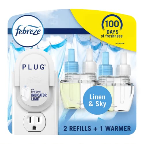 Febreze Plug In Air Freshener, Odor-Fighting Scented Oil Starter Kit, Air Fresheners for Home and Bathroom and Kitchen, Long Lasting for Strong Odors, Linen & Sky Scent, Warmer + 2 Refill