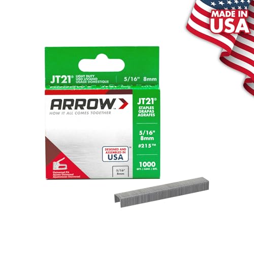 Arrow 215 JT21 Thin Wire Staples for Staple Guns and Staplers, Use for Upholstery, Crafts, General Repairs, 5/16-Inch Leg Length, 7/16-Inch Crown Width, 1000-Pack, Made in the USA