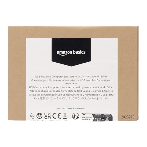 Amazon Basics Stereo 2.0 Speakers for PC or Laptop with Volume Control, 3.5mm Aux input, USB-Powered, 1 Pair, Silver