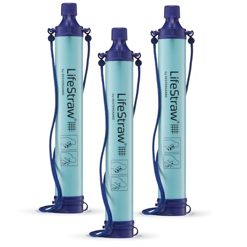 LifeStraw Personal Water Filter for Hiking, Camping, Travel, and Emergency Preparedness, 3 Pack, Blue