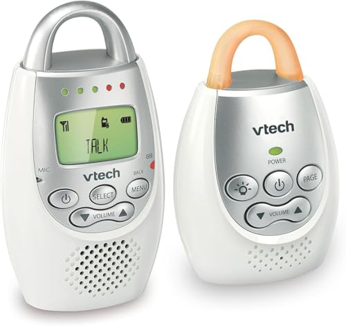 VTech Communications DM221 Audio Baby Monitor with up to 1,000 ft of Range, Vibrating Sound-Alert, Talk Back Intercom & Night Light Loop, White/Silver