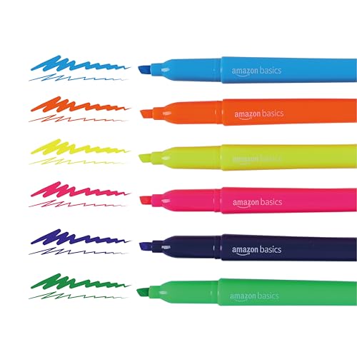 Amazon Basics Chisel Tip, Fluorescent Ink Highlighters, Assorted Colors - Pack of 12