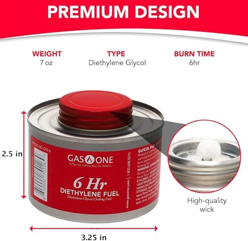 Gas One 6 pack 6 Hour Chafing Fuel - Food Warmer for Chafing Dish Buffet Set - Liquid Safe Fuel With Wick & Lid Opener for Chafing Dish