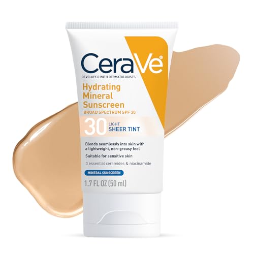 CeraVe Hydrating Mineral Sunscreen SPF 30 with Sheer Tint | Tinted Mineral Sunscreen with Zinc Oxide & Titanium Dioxide | Blends Seamlessly For Healthy Glow | Medium, 1.7 Fluid Ounce