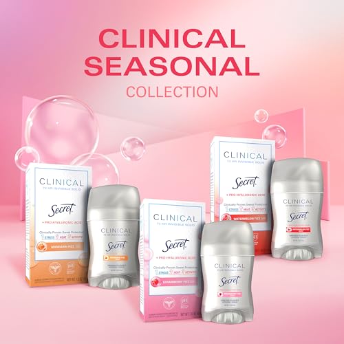 Secret Clinical Strength Antiperspirant Deodorant for Women, 3X Stress Protection, 72hr Sweat & Odor Protection, Pro-Hyaluronic Acid, Invisible Solid, Strawberry Summer Fizz Scent, 1.6 oz