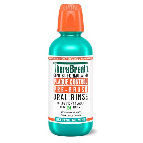 TheraBreath Plaque Control Pre-Brush Oral Rinse, Refreshing Mint Flavor, Antigingivitis and Antiplaque Rinse, Dentist Formulated, Alcohol Free, 16 Fl Oz