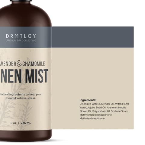 DRMTLGY Natural Lavender Linen Mist and Room Spray. Pure Lavender Essential Oil and Chamomile Pillow Spray, and Fabric Aromatherapy Spray, 8 oz