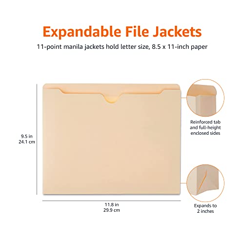Amazon Basics File Folders Jacket, Reinforced Straight-Cut Tab, 2 Inch Expansion, 50-Pack, Letter Size, Manila