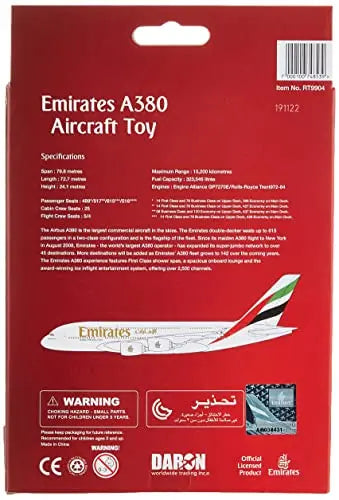Daron Toy Airplane RT9904 – Emirates A380 – Die-Cast Metal Model Airplane Toy with Plastic Parts for Kids Ages 3+