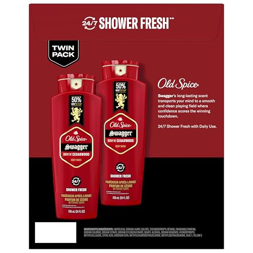 Old Spice Refreshing Body Wash for Men, 3X Defense, 24/7 Shower Fresh with Long Lasting Scent, Red Collection, Swagger with Cedarwood Scent, 24 oz (Pack of 2)