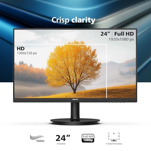PHILIPS 241V8LB 24 inch Frameless Full HD (1920 x 1080) 100Hz Monitor, VESA, HDMI x1, VGA Port x1, Eye Care, 4 Year Advance Replacement Warranty