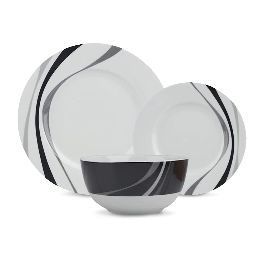 Amazon Basics Dinnerware Set, Microwave and Dishwasher Safe, Service for 6, 18-Piece Complete Kitchen, Plates, Dishes, Bowls, Swirl