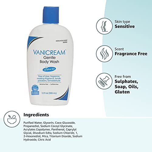 Vanicream Gentle Body Wash, 12 Fl Oz, Formulated without Common Irritants for Sensitive Skin, Gentle Cleanse and Moisture, Removes Dirt & Oils, Non-Drying, pH-Balanced Shower Gel