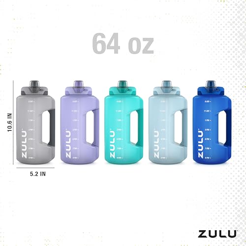 ZULU Goals 64oz Large Half Gallon Jug Water Bottle with Motivational Time Marker, Covered Straw Spout and Carrying Handle, Perfect for Gym, Home, and Sports, Grey