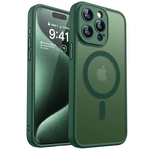 CANSHN Magnetic Compatible with iPhone 15 Pro Max Case, Upgraded [Full Camera Protection] [Compatible with Magsafe] [Translucent Matte] Shockproof Protective Phone Case Cover 6.7 Inch - Deep Green