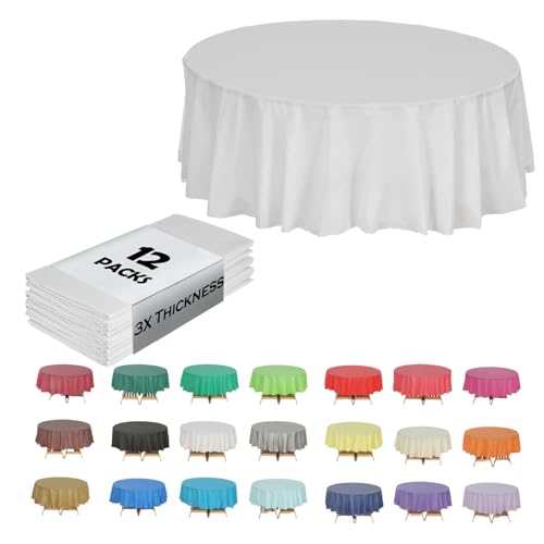 Evershine (12-Pack Heavy Duty Plastic Table Covers Tablecloth (Reusable) (Round 84", White)
