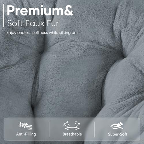 DUMOS Comfy Saucer Chairs Cozy Faux Fur Soft Lounge Cute Folding Bedroom Living Room Seat Flexible Reading Foldable Seating for Kids Adults Thick Padded Metal Frame Modern for Home Office Classic Gray