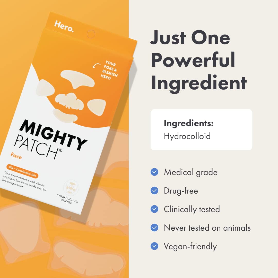 Hero Cosmetics Mighty Patch™ Face Patch - XL Hydrocolloid Face Mask for Acne, 5 Large Pimple Patches for Zit Breakouts on Nose, Chin, Forehead & Cheeks (1 Count)