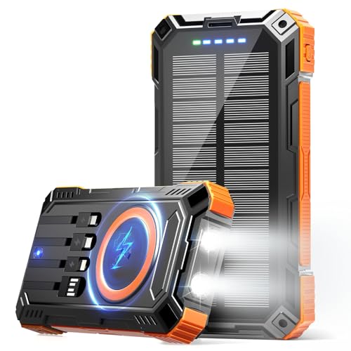 Solar Portable Charger 49800mAh Wireless Power Bank with 4 Built-in Cables Battery Pack, USB-C In&Out Put 15W Fast Charging Compatible with iPhone, Samsung, iPad, LED Flashlight Perfect for Camping