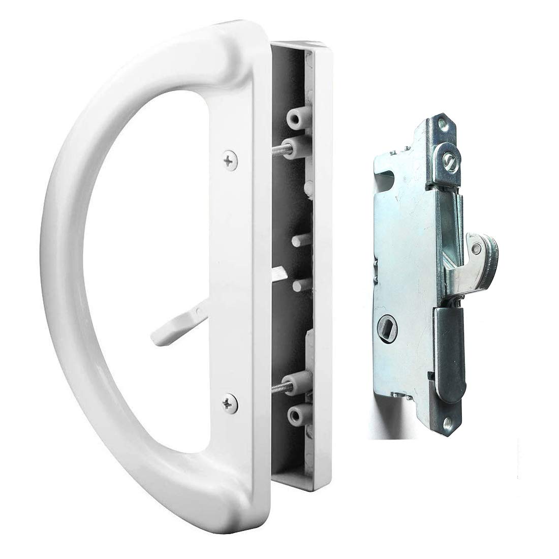 Patio Door Handle Set + Mortise Lock 45 degrees Perfect Replacement for Sliding Glass Door Fits 3-15/16" Screw Hole Spacing, Non-keyed with Latch Locks,White Diecast,Reversible Design(Non-Handed)