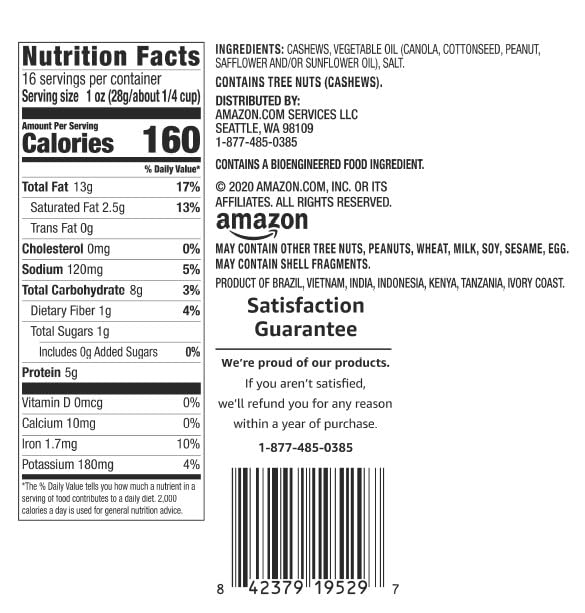 Amazon Brand - Happy Belly Cashews, Roasted & Salted, 16 Ounce