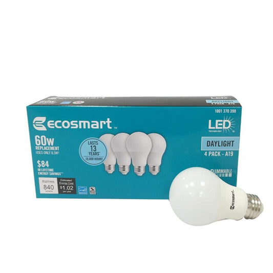 (4 Pack) Ecosmart A19 LED 60 Watt Replacement (8.5W) Daylight White (5000K) 840 Lumens Energy Star Rated Medium Base E26 Dimmable Regular Shaped Light Bulbs