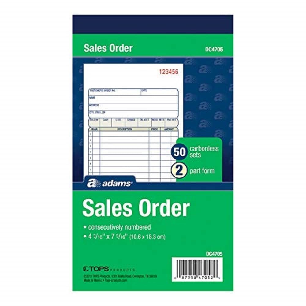 Adams Sales Order Book, 2-Part, Carbonless, White/Canary, 4-3/16 x 7-3/16 Inches, 50 Sets per Book (DC4705)