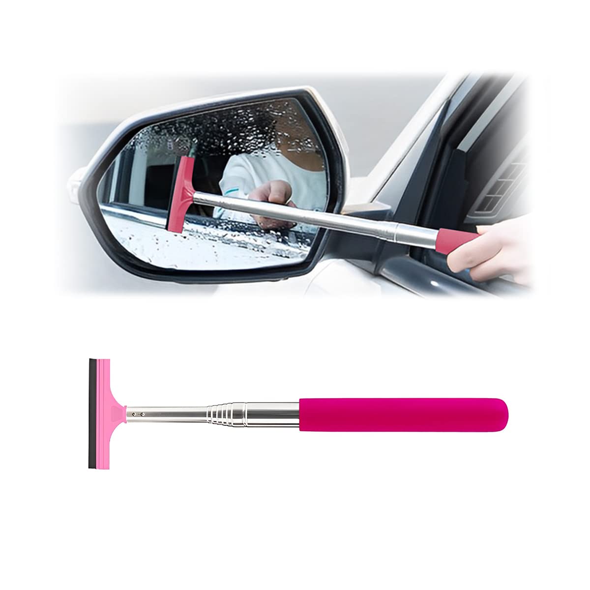 Car Rearview Mirror Wiper, Retractable Auto Glass Squeegee, Water Cleaner with Telescopic Long Rod, Portable Cleaning Tool for All Vehicles, Universal Automotive Accessories (Black)
