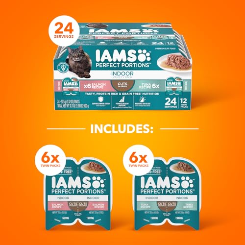 IAMS Perfect Portions Indoor Adult Wet Cat Food Cuts in Gravy Variety Pack, Salmon and Tuna Recipes, 2.6 oz. Easy Peel Twin-Pack Trays (12 Count, 24 Servings)