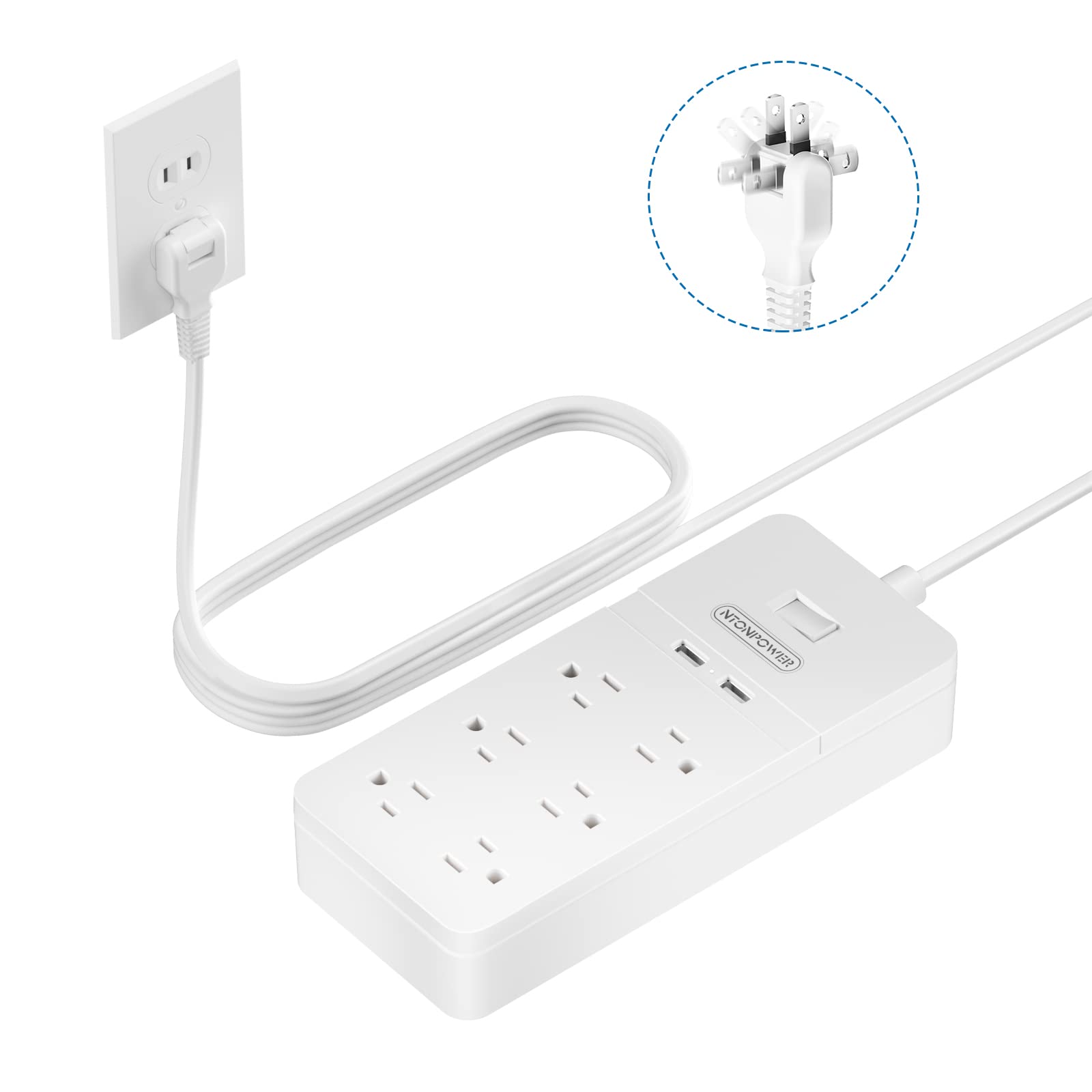 2 Prong Power Strip with 10ft Extension Cord, NTONPOWER Flat Plug Surge Protector with 6 Outlets 2 USB Ports, 2 Prong to 3 Prong Outlet Adapter, Wall Mount for Non-Grounded Plug, Ideal for Old House