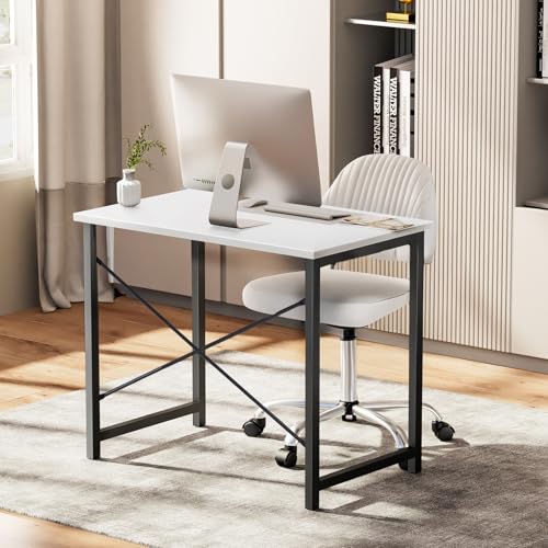 Sweetcrispy Computer Small Desk, 32 Inch Office Writing Work Study Kids Student Home Bedroom Table with Metal Frame Wooden Tabletop No Wheels - White Wood