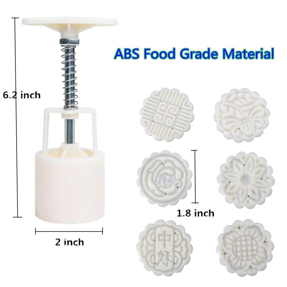 Moon Cake Mold 6 PCS, Mid Autumn Festival DIY Hand Press Cookie Stamps Pastry Tool Moon Cake Maker, Flower Mode Patterns 1 Mold 6 Stamps 50g (White).