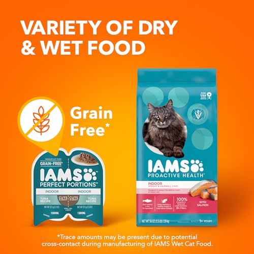 IAMS Perfect Portions Indoor Adult Wet Cat Food Cuts in Gravy Variety Pack, Salmon and Tuna Recipes, 2.6 oz. Easy Peel Twin-Pack Trays (12 Count, 24 Servings)