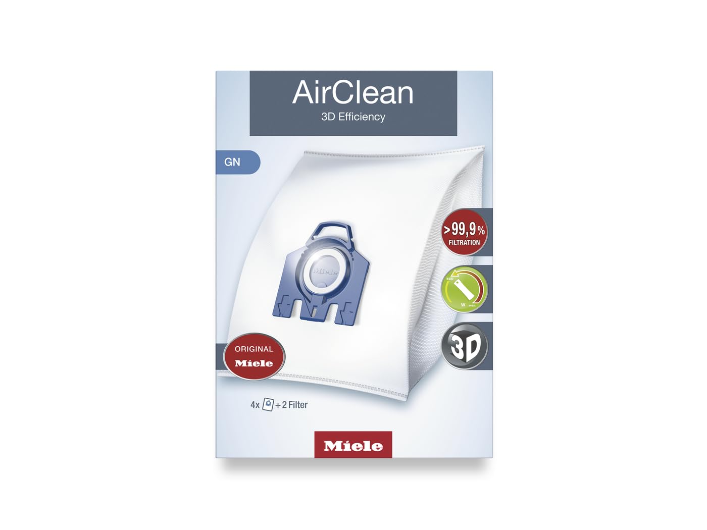 Miele 10123210 AirClean 3D Efficiency Dust Bag, Type GN, 4 Bags & 2 Filters, White