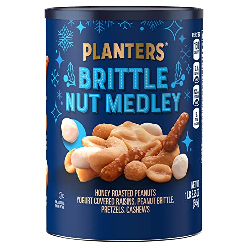 PLANTERS Holiday Brittle Nut Medley Trail Mix Snack with Honey Peanuts, Yogurt Raisins, Peanut Brittle, Pretzels & Cashews, Holiday Snack, Party Nut Mix, 1 lb. Canister