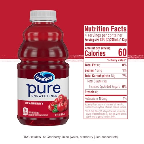Ocean Spray® Pure Unsweetened Cranberry, 100% Cranberry Juice From Concentrate, 32 Fl Oz Bottle (Pack of 1)