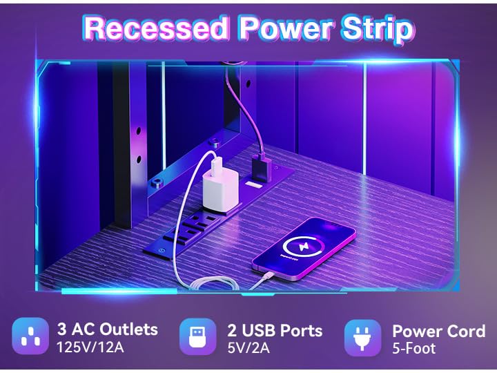 AODK L Shaped Desk Gaming Desk with LED Light & Power Outlet, 53 Inch Reversible L Shaped Computer Table with Shelf & Storage Bag & Hook for Home Office, Black