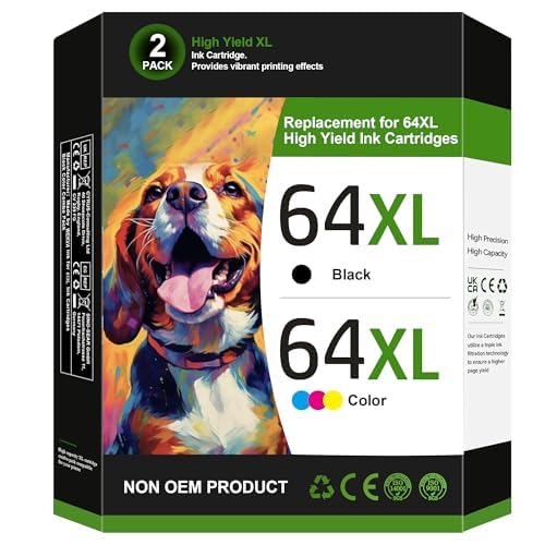 64XL Ink Cartridge Combo Pack High Yield Replacement for HP Ink 64 HP 64XL HP 64 Ink for HP Envy Photo 7855 7858 7155 7158 6252 6255 7100 7800 Tango Tango X Tango Terra Printer(1 Black, 1 Color)