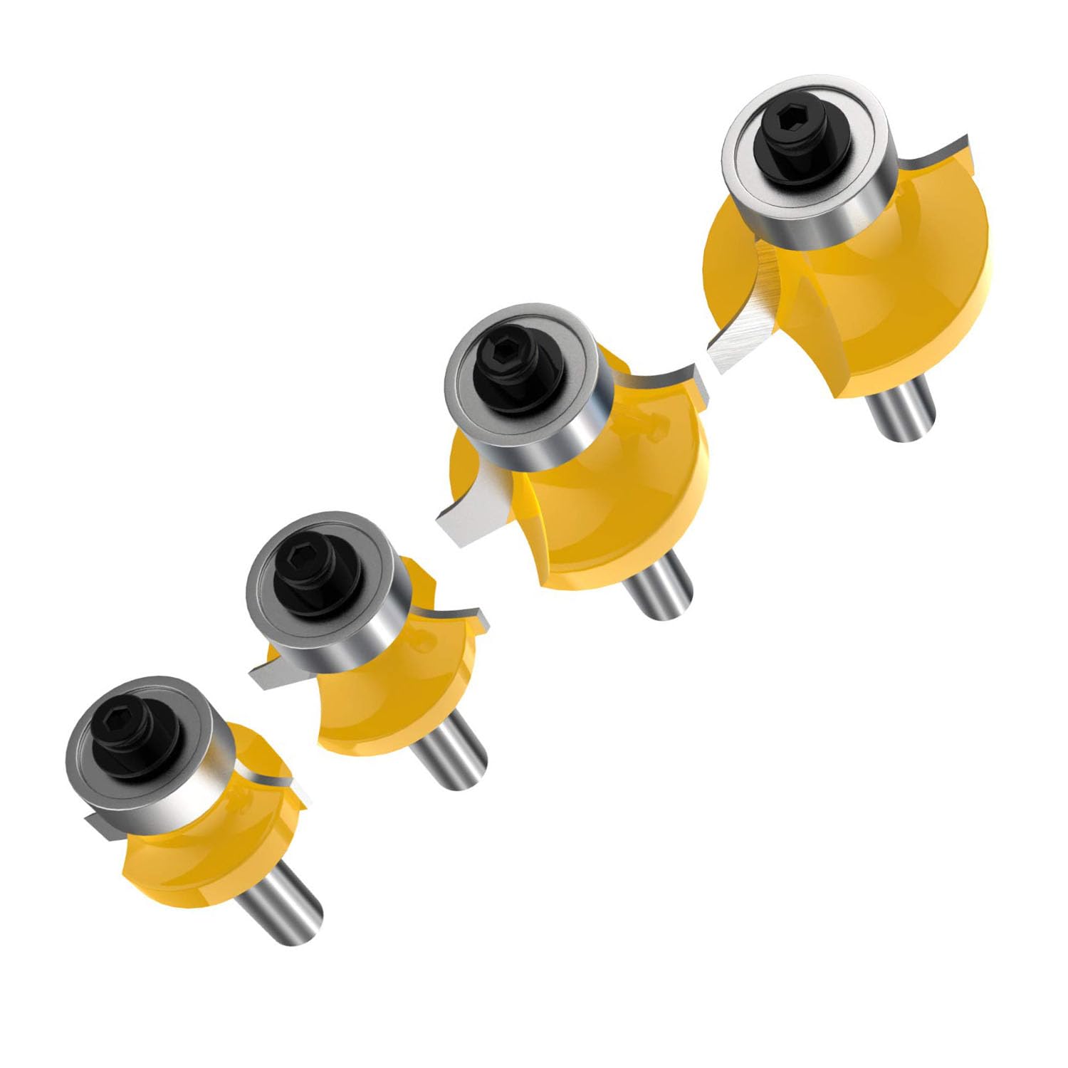 TOTOWOOD Roundover Router Bit Set，4pcs Router bit Set，1/4 inch Shank，Radius in 1/8", 1/4", 3/16", 5/16"，Bearing Guide for Rounding Edge bit