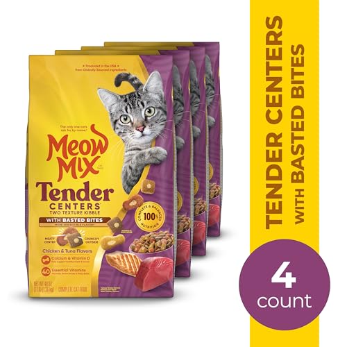 Meow Mix Tender Centers Basted Bites Dry Cat Food, Chicken & Tuna Flavor, 3 Pound (Pack of 4), Crunchy Outside Meaty Inside