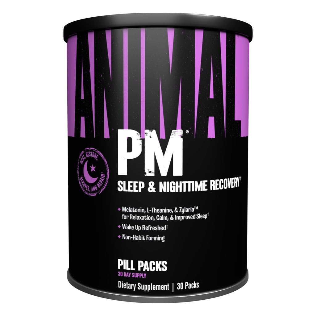 Animal PM – Schlafhilfe für Erwachsene, nicht gewohnheitsbildend, Entspannungsförderer und Stimmungsunterstützung mit Melatonin, L-Theanin, Zylaria, Zink, Magnesium, Vitamin B6, GABA + AKG Anaboler Stack, 30 Stück