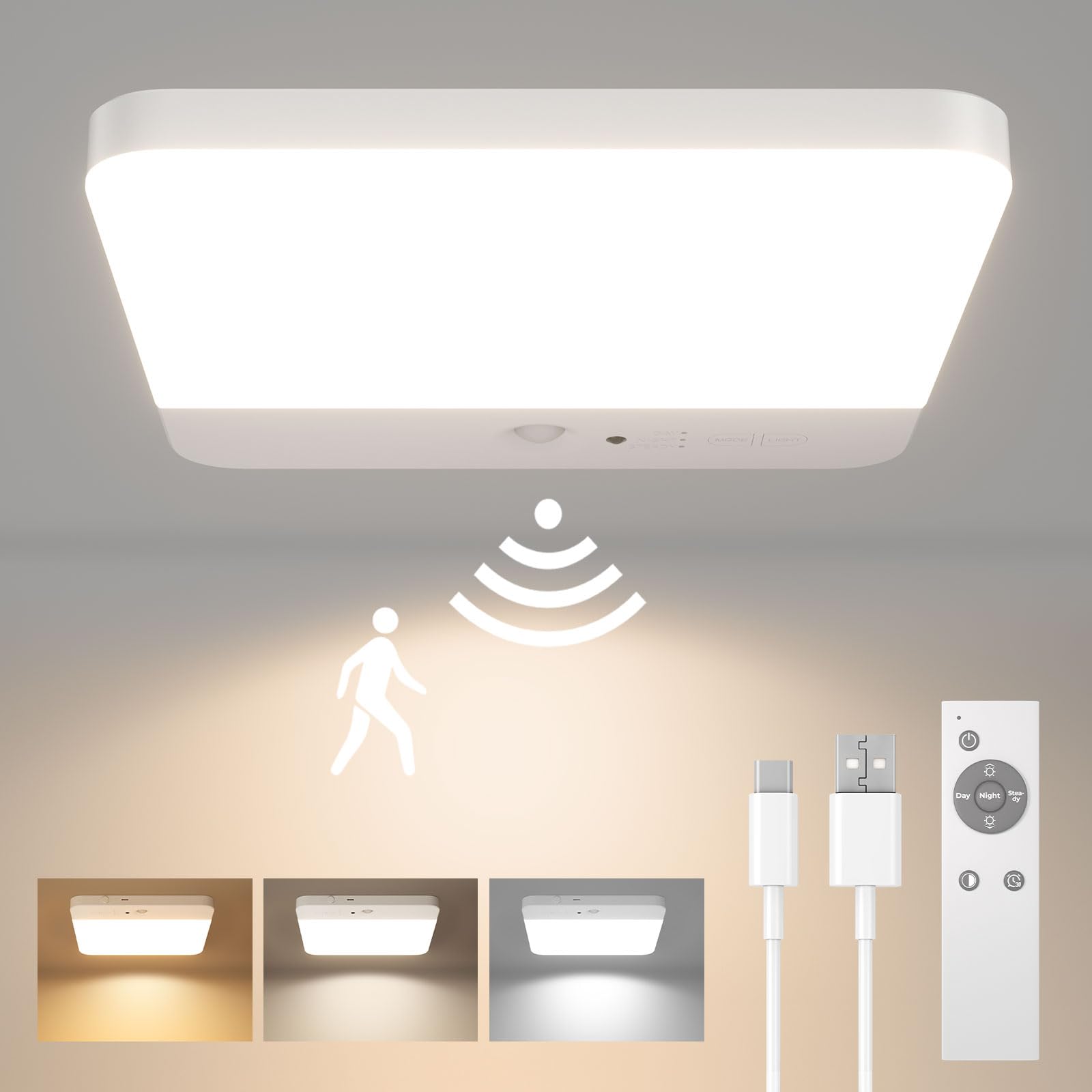 FULEN Bewegungsmelder-Deckenleuchte, kabellose Schrankleuchte batteriebetrieben, wiederaufladbare magnetische LED-Duschleuchte für Badezimmer, Treppenhaus, Garage, Flur, 3 Farbtemperaturen, Fernbedienung