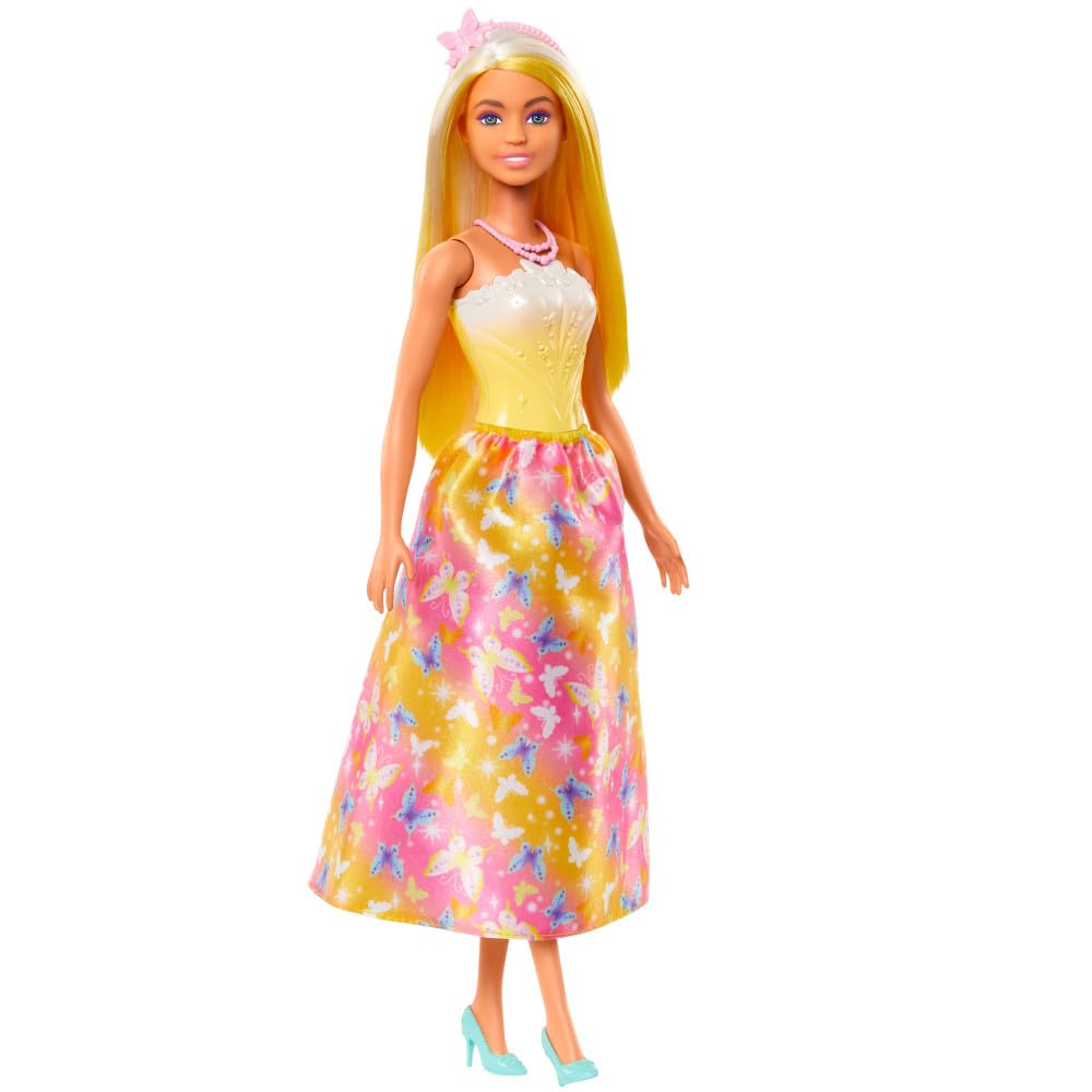 Barbie Royal Doll with Brightly Highlighted Fantasy Hair, Colorful Accessories, Yellow Ombre Bodice & Butterfly-Print Skirt