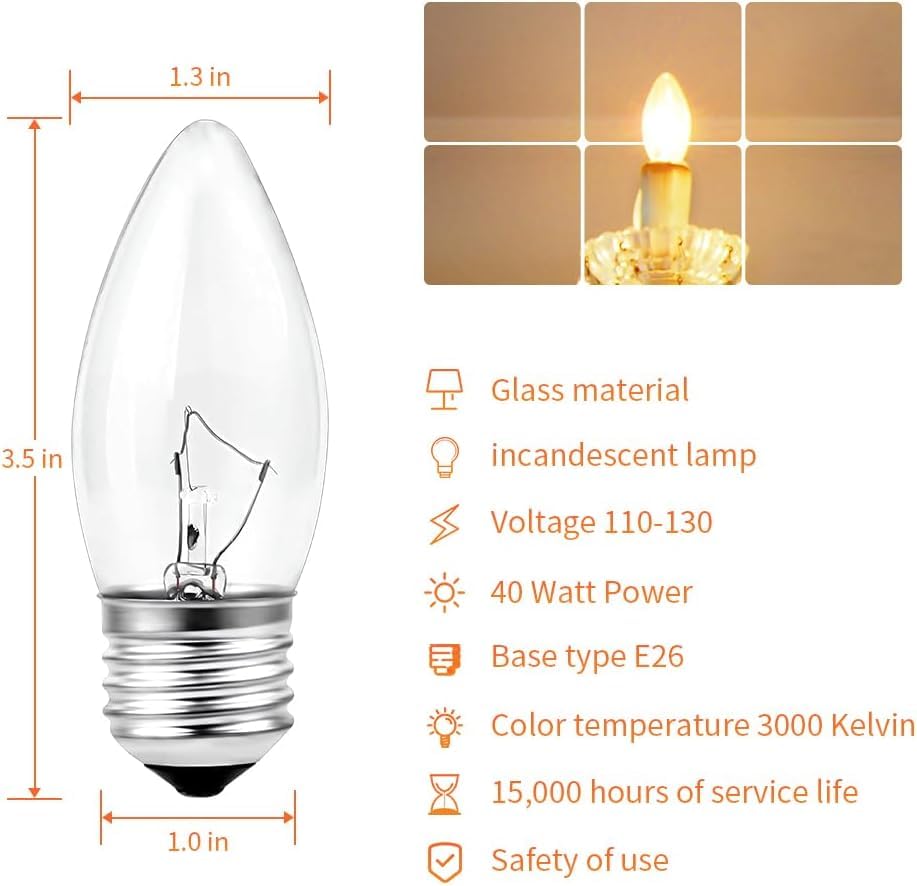 SCOMX 40W Incandescent Equivalent Energy Torpedo Tip Chandelier with Crystal Clear Incandescent Light Bulbs Tip Light Bulb and Medium E26 Candelabra Base (6)