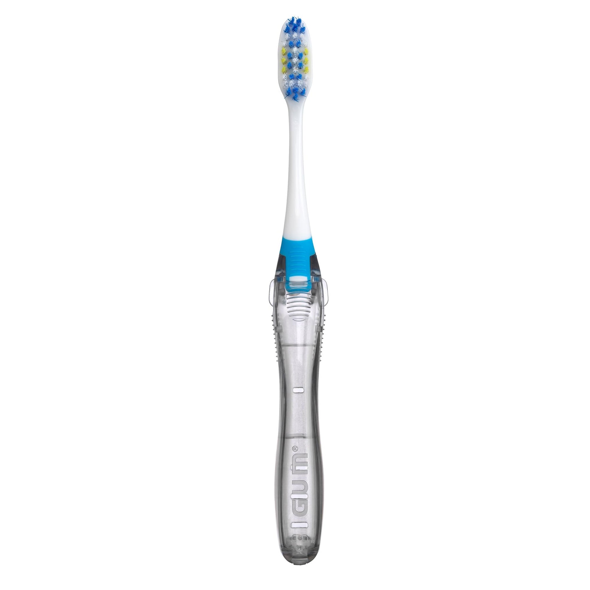 GUM Folding Travel Toothbrush, Compact Head + Tongue Cleaner, Soft Bristled Travel Toothbrushes for Adults, 2ct (Colors may vary)