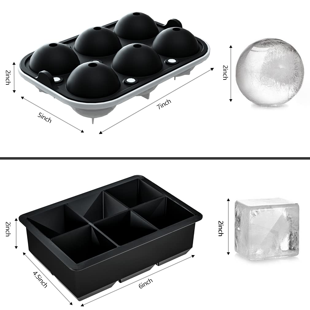 ROTTAY Ice Cube Trays (Set of 2), Sphere Ice Ball Maker with Lid & Large Square Ice Cube Maker for Whiskey, Cocktails and Homemade, Keep Drinks Chilled Black